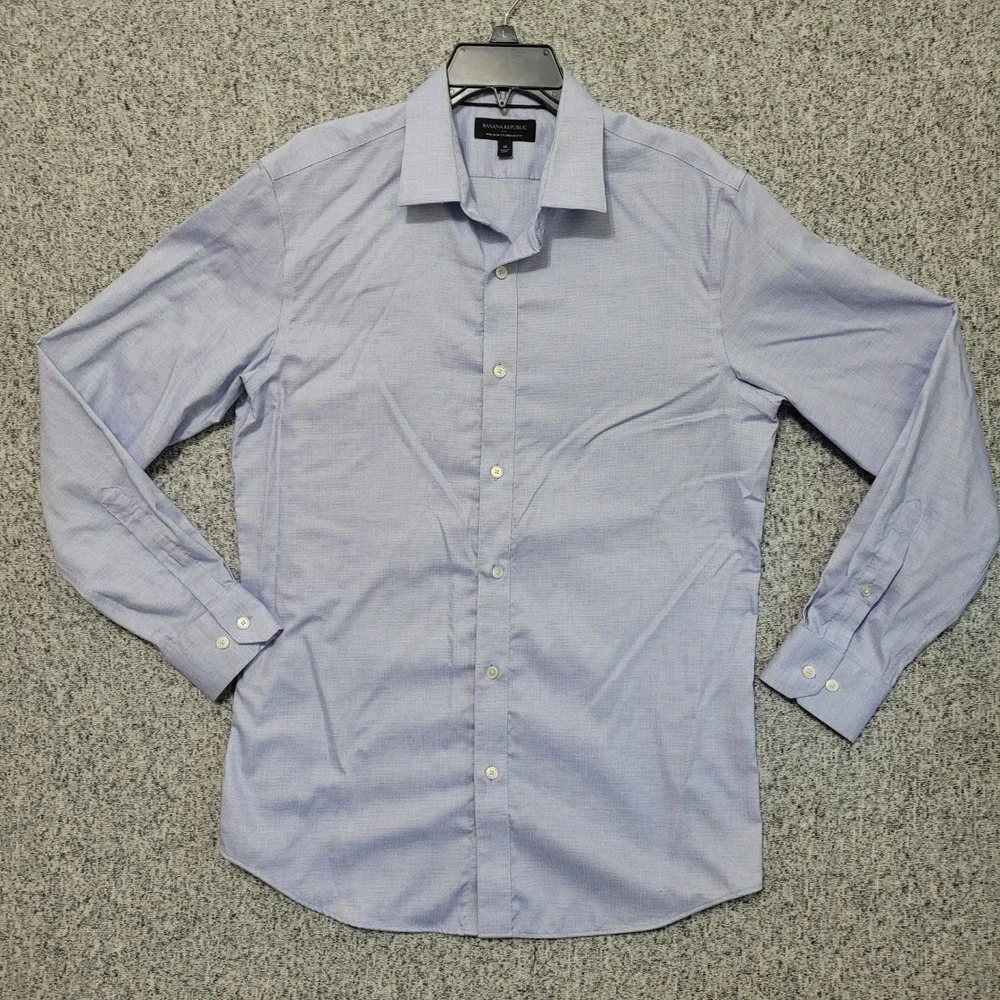 Banana Republic Mens Non-Iron Standard Fit Shirt Blue Micro Check Medium